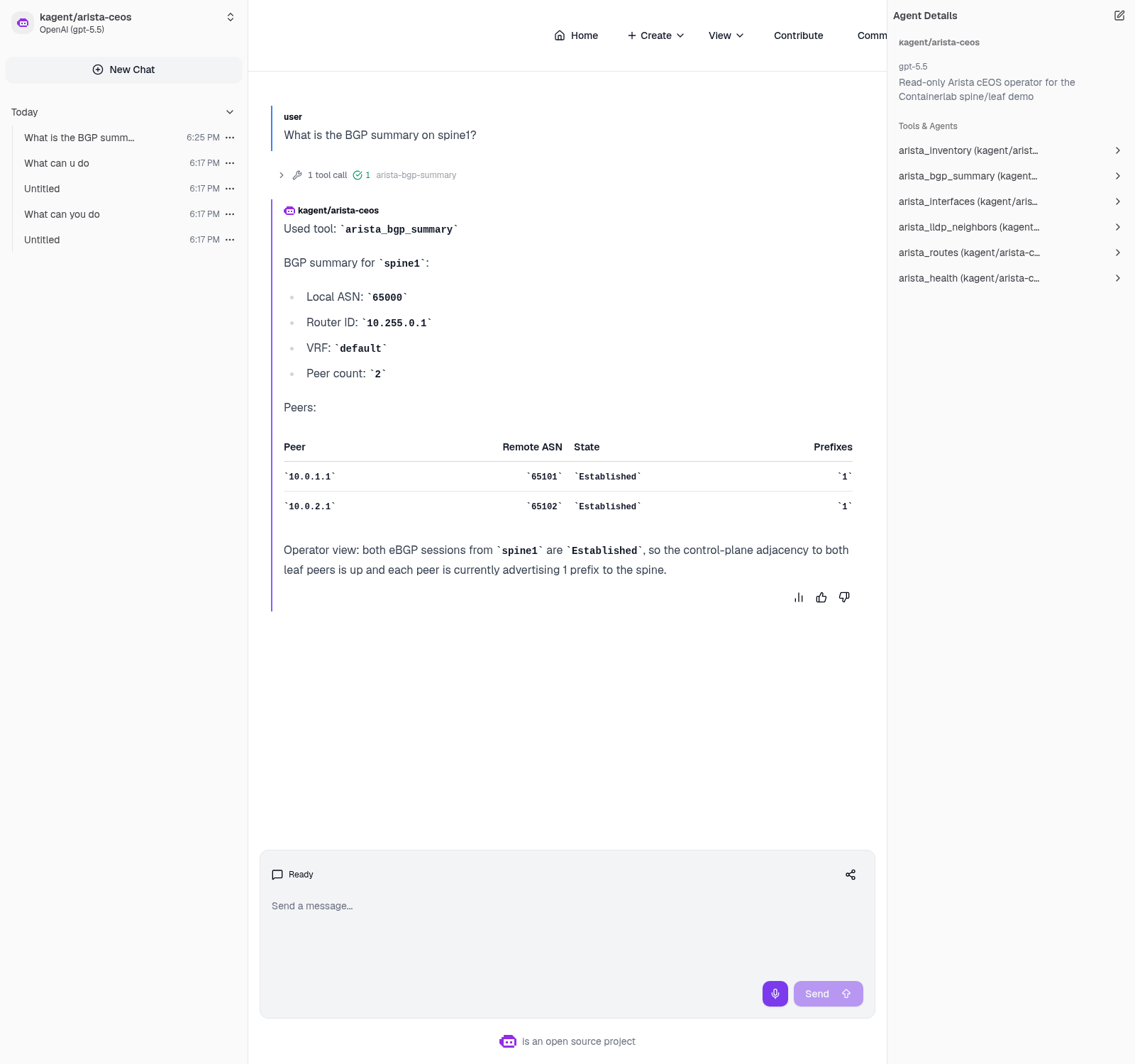 Live kagent chat for arista-ceos