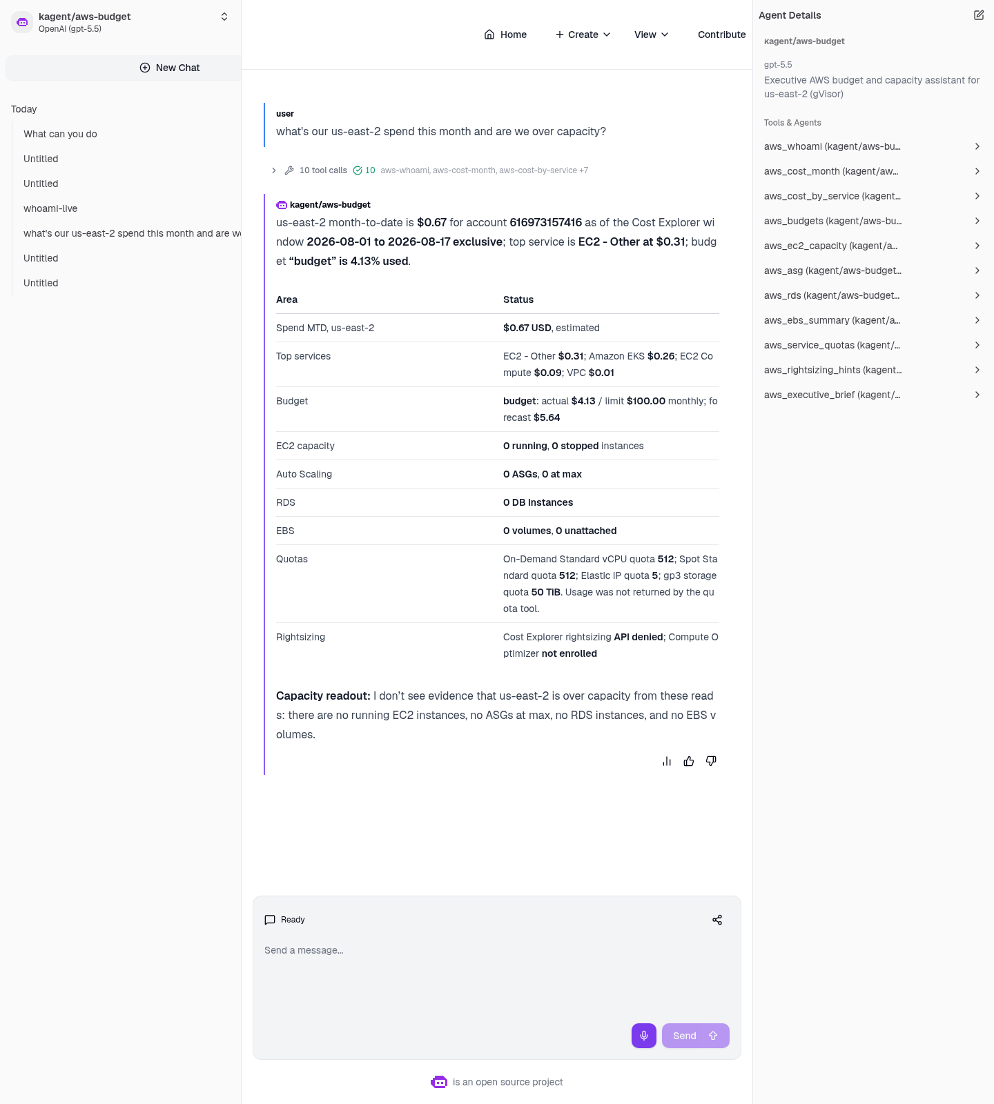 Live kagent chat for aws-budget