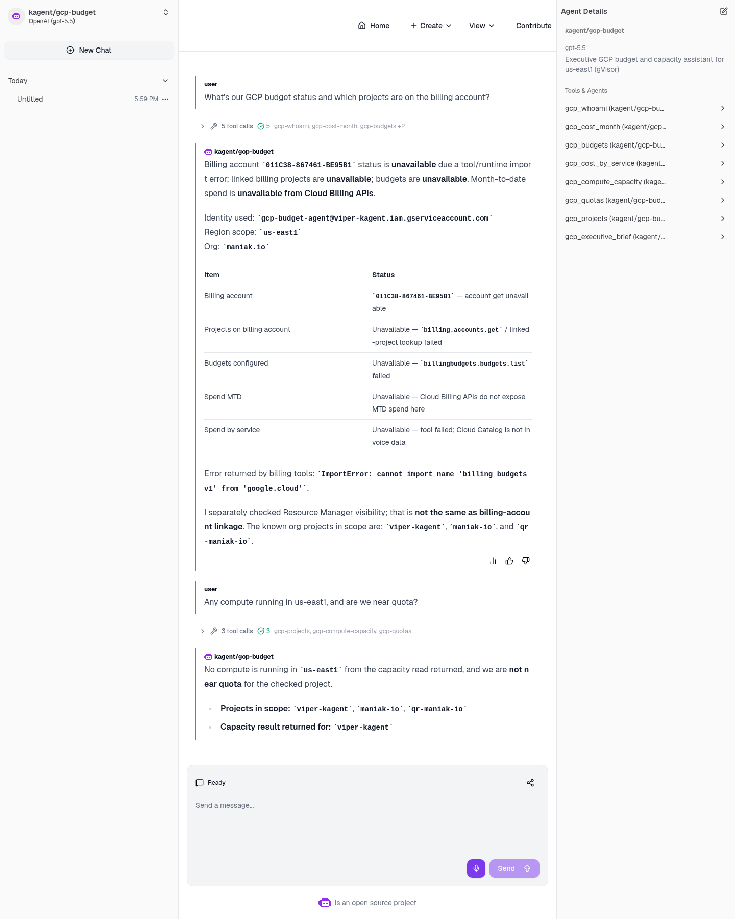 Live kagent chat for gcp-budget