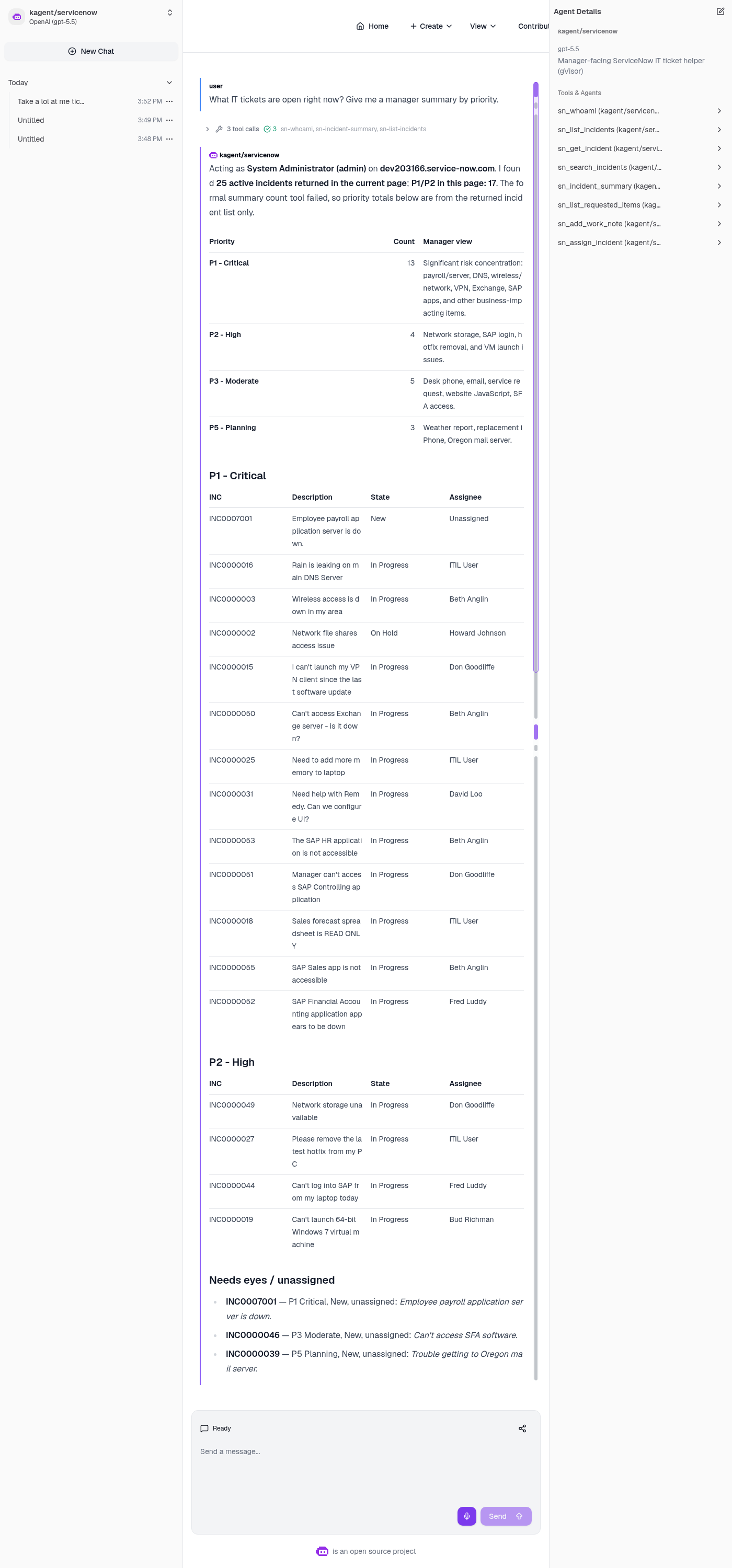 Live kagent chat for servicenow