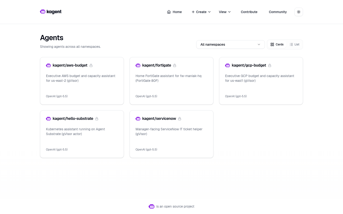 Live kagent Agents grid — five SandboxAgent cards